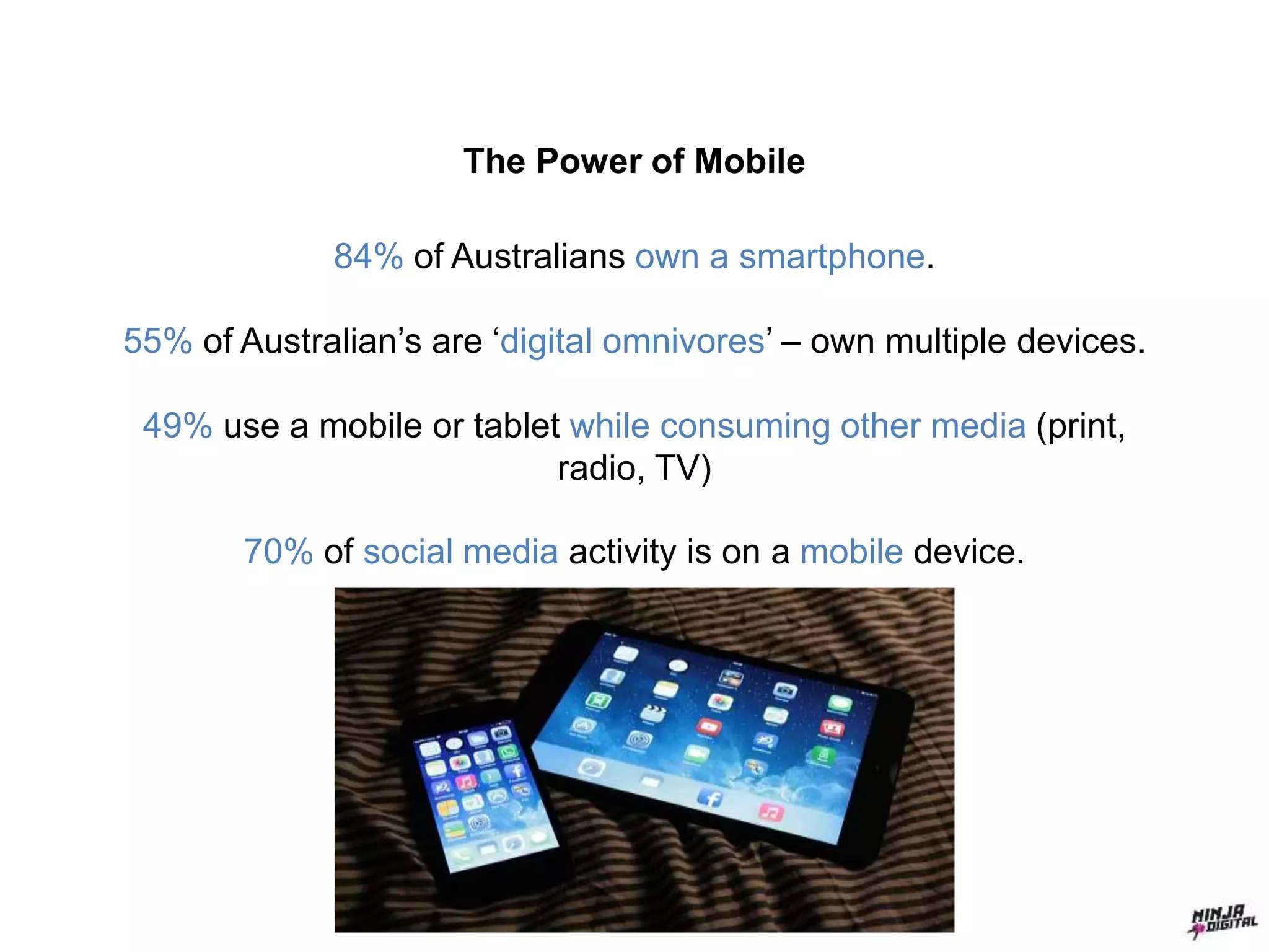 The Power of Mobile
84% of Australians own a smartphone.
55% of Australian’s are ‘digital omnivores’ – own multiple devices.
49% use a mobile or tablet while consuming other media (print,
radio, TV)
70% of social media activity is on a mobile device.
 