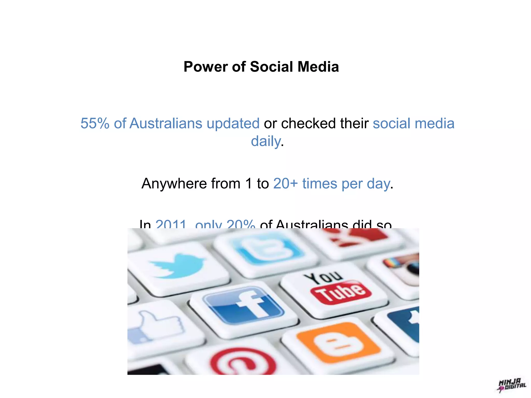 Power of Social Media
55% of Australians updated or checked their social media
daily.
Anywhere from 1 to 20+ times per day.
In 2011, only 20% of Australians did so.
 