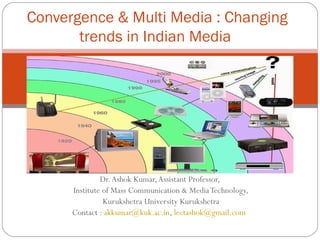 Dr.Ashok Kumar,Assistant Professor,
Institute of Mass Communication & MediaTechnology,
Kurukshetra University Kurukshetra
Contact : akkumar@kuk.ac.in, lectashok@gmail.com
Convergence & Multi Media : Changing
trends in Indian Media
 