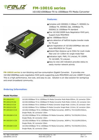 FM-1001G series
                                    10/100/1000Base-TX to 1000Base-FX Media Converter


                                                        Features:

                                                        ▲Complies with IEEE802.3 10Base-T, IEEE802.3u
                                                           100Base-TX, IEEE802.3ab, 1000Base-TX,
                                                           IEEE802.3z 1000Base-FX standard
                                                        ▲One 10/100/1000M Auto-Negotiation RJ45 port,
                                                           Support Auto MDI/MDIX
                                                        ▲One 1000Base-SX/LX
                                                        ▲Auto-detection of half/full duplex transfer mode
                                                           for TX port
                                                        ▲Auto-negotiation of 10/100/1000Mbps rate and
                                                           Auto-MDI/MDIX for TX port
                                                        ▲Extend fiber distance up to 550m for multi-mode
                                                           fiber and 10~120km for single-mode fiber
                                                        ▲Indication light: PWR, FX Link/act, FX 1000M,
                                                           TX 10/100M, TX Link/act.
                                                        ▲Easy-to-view LED indicators provides status to
                                                           easily monitor network activity



FM-1001G series is non-blocking and low-consumption Gigabit Converter. It provides one
10/100/1000Mbps auto-negotiation RJ45 ports supporting auto-MDI/MDIX and one 1000M FX port.
This is a high performance, low-cost, and easy to use. Solution is an idea solution for workgroup
and smart broadband community.




Ordering Information:


Model Number                                       Description

FM-1001G-M-C           10/100/1000Base-TX to 1000Base-FX Media Converter Multi-Mode 850nm, SC connector 550m
FM-1001G-M-C02         10/100/1000Base-TX to 1000Base-FX Media Converter Multi-Mode 1310nm, SC connector 2km
FM-1001G-S-C10         10/100/1000Base-TX to 1000Base-FX Media Converter Single-Mode 1310nm, SC connector 10km
FM-1001G-S-C20         10/100/1000Base-TX to 1000Base-FX Media Converter Single-Mode 1310nm, SC connector 20km
FM-1001GA-S-C10        10/100/1000Base-TX to 1000Base-FX Media Converter, WDM-A, TX1310/RX1550nm,
                       Single-Mode, SC connector 10km
FM-1001GB-S-C10        10/100/1000Base-TX to 1000Base-FX Media Converter, WDM-B, TX1550/RX1310nm,
                       Single-Mode, SC connector 10km
FM-1001GA-S-C20        10/100/1000Base-TX to 1000Base-FX Media Converter, WDM-A, TX1310/RX1550nm,
                       Single-Mode, SC connector 20km
FM-1001GB-S-C20        10/100/1000Base-TX to 1000Base-FX Media Converter, WDM-B, TX1550/RX1310nm,
                       Single-Mode, SC connector 20km



TEL: 886-2-2658-6893                        FELIZ Technology Co., Ltd.                           ver. 1.1
sales@feliz.com.tw                          www.feliz.com.tw                                     page: 1/2
 