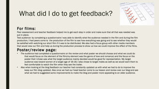 What did I do to get feedback?
For films:For films:
Peer assessment and teacher feedback helped me to get each step in ord...
