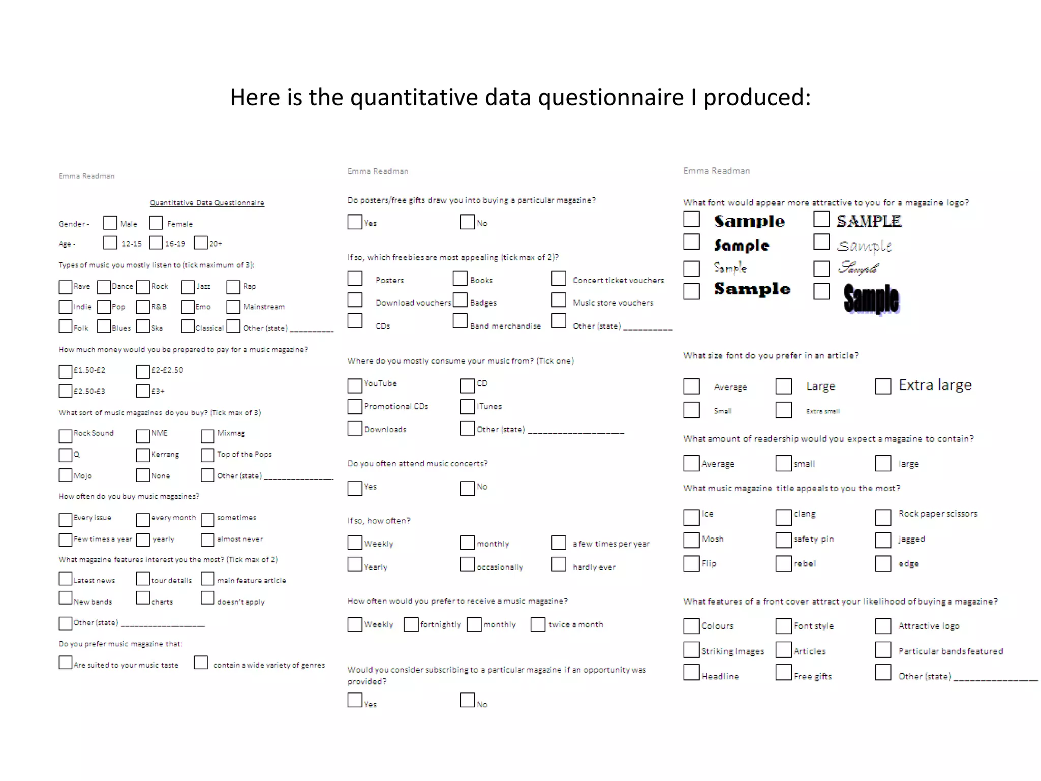 Here is the quantitative data questionnaire I produced: 