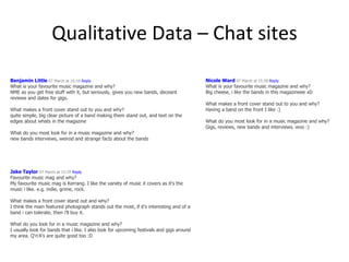 Qualitative Data – Chat sites Benjamin Little   07 March at 16:10  Reply What is your favourite music magazine and why? NME as you get free stuff with it, but seriously, gives you new bands, deceant reviews and dates for gigs. What makes a front cover stand out to you and why? quite simple, big clear picture of a band making them stand out, and text on the edges about whats in the magazine What do you most look for in a music magazine and why? new bands interviews, weirod and strange facts about the bands  Jake Taylor   07 March at 15:39  Reply Favourite music mag and why? My favourite music mag is Kerrang. I like the variety of music it covers as it's the music i like. e.g. indie, grime, rock. What makes a front cover stand out and why? I think the main featured photograph stands out the most, if it's interesting and of a band i can tolerate, then i'll buy it. What do you look for in a music magazine and why? I usually look for bands that i like. I also look for upcoming festivals and gigs around my area. Q'n'A's are quite good too :D Nicole Ward   07 March at 15:58  Reply What is your favourite music magazine and why? Big cheese, i like the bands in this magazineee xD  What makes a front cover stand out to you and why? Having a band on the front I like :)  What do you most look for in a music magazine and why? Gigs, reviews, new bands and interviews. woo :)  
