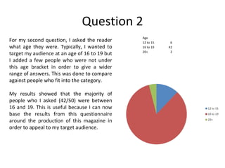 Question 2 For my second question, I asked the reader what age they were. Typically, I wanted to target my audience at an age of 16 to 19 but I added a few people who were not under this age bracket in order to give a wider range of answers. This was done to compare against people who fit into the category. My results showed that the majority of people who I asked (42/50) were between 16 and 19. This is useful because I can now base the results from this questionnaire around the production of this magazine in order to appeal to my target audience. Age 12 to 15 6 16 to 19 42 20+ 2 