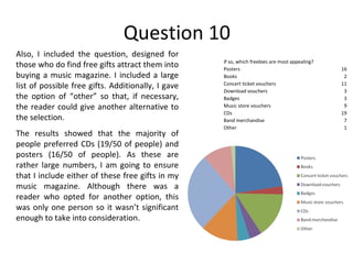 Question 10 Also, I included the question, designed for those who do find free gifts attract them into buying a music magazine. I included a large list of possible free gifts. Additionally, I gave the option of “other” so that, if necessary, the reader could give another alternative to the selection. The results showed that the majority of people preferred CDs (19/50 of people) and posters (16/50 of people). As these are rather large numbers, I am going to ensure that I include either of these free gifts in my music magazine. Although there was a reader who opted for another option, this was only one person so it wasn’t significant enough to take into consideration. If so, which freebies are most appealing? Posters 16 Books 2 Concert ticket vouchers 11 Download vouchers 3 Badges 3 Music store vouchers 9 CDs 19 Band merchandise 7 Other 1 