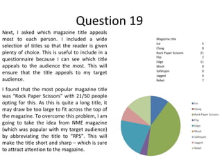 Question 19 Next, I asked which magazine title appeals most to each person. I included a wide selection of titles so that the reader is given plenty of choice. This is useful to include in a questionnaire because I can see which title appeals to the audience the most. This will ensure that the title appeals to my target audience. I found that the most popular magazine title was “Rock Paper Scissors” with 21/50 people opting for this. As this is quite a long title, it may draw be too large to fit across the top of the magazine. To overcome this problem, I am going to take the idea from NME magazine (which was popular with my target audience) by abbreviating the title to “RPS”. This will make the title short and sharp – which is sure to attract attention to the magazine. Magazine title Ice  5 Clang 0 Rock Paper Scissors 21 Flip 2 Edge 11 Mosh 0 Safetypin 0 Jagged 4 Rebel 7 