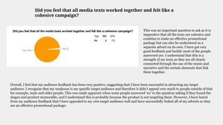 Did you feel that all media texts worked together and felt like a
cohesive campaign?
This was an important question to ask as it is
imperative that all the texts are cohesive and
combine to make an effective promotional
package but can also be understood as a
separate advert on its own. I have got very
good feedback and luckily most of the people
answered yes. I understand that this is a
strength of my texts as they are all clearly
connected through the use of the music and
narrative and the certain elements that link
them together.
Overall, I feel that my audience feedback has been very positive, suggesting that I have been successful in attracting my target
audience. I recognise that my weakness is my specific target audience and therefore it didn’t appeal very much to people outside of that
for example, male and older people. This was made apparent when some people answered ‘no’ to the question asking if they found the
slogan and product memorable, and I understand this is probably because the product is not targeting them. However, I have learnt
from my audience feedback that I have appealed to my own target audience well and have successfully linked all of my adverts so they
are an effective promotional package.
 