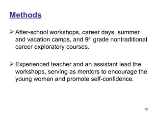 Methods After-school workshops, career days, summer and vacation camps, and 9 th  grade nontraditional career exploratory courses. Experienced teacher and an assistant lead the workshops, serving as mentors to encourage the young women and promote self-confidence. 