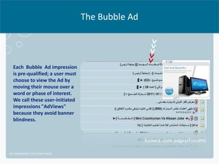 The Bubble Ad




  Each Bubble Ad impression
  is pre-qualified; a user must
  choose to view the Ad by
  moving their mouse over a
  word or phase of interest.
  We call these user-initiated
  impressions "AdViews"
  because they avoid banner
  blindness.


                                                  Kooora .com pages/Forums

NETADVANTAGE 2012 PORTFOLIO
 