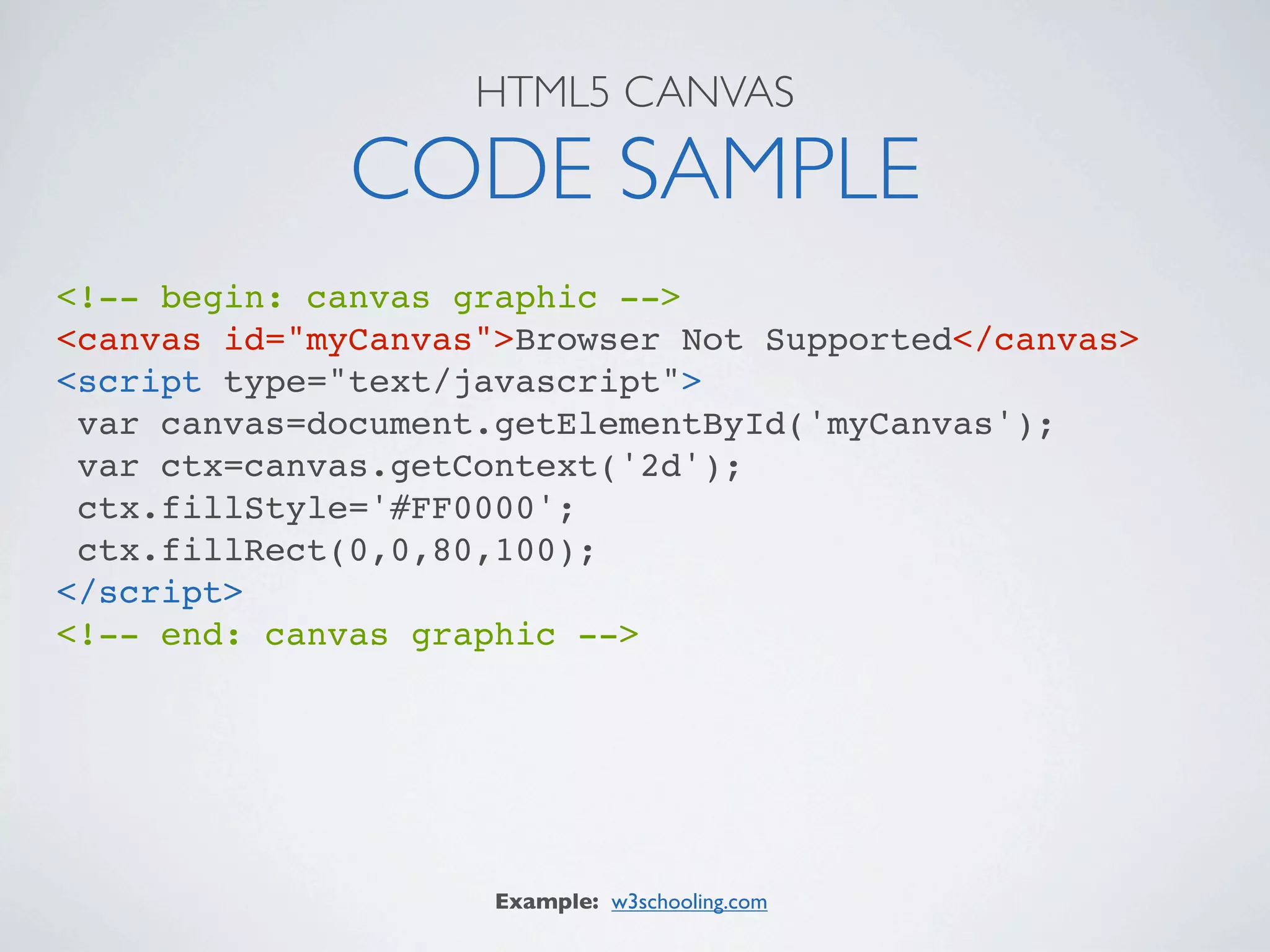 HTML5 CANVAS

              CODE SAMPLE
<!-- begin: canvas graphic -->
<canvas id="myCanvas">Browser Not Supported</canvas>
<script type="text/javascript">
 var canvas=document.getElementById('myCanvas');
 var ctx=canvas.getContext('2d');
 ctx.fillStyle='#FF0000';
 ctx.fillRect(0,0,80,100);
</script>
<!-- end: canvas graphic -->




                     Example: w3schooling.com
 