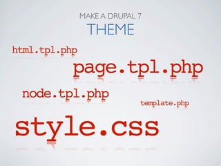 MAKE A DRUPAL 7

                THEME
html.tpl.php
           page.tpl.php
 node.tpl.php
                             template.php


style.css
 