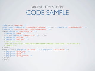 DRUPAL HTML5 THEME

                       CODE SAMPLE
<?php print $doctype; ?>
<html lang="<?php print $language->language; ?>" dir="<?php print $language->dir; ?>"
<?php print $rdf->version . $rdf->namespaces; ?>>
<head<?php print $rdf->profile; ?>>
  <?php print $head; ?>
  <title><?php print $head_title; ?></title>
  <?php print $styles; ?>
  <?php print $scripts; ?>
  <!--[if lt IE 9]>
   <script src="http://html5shim.googlecode.com/svn/trunk/html5.js"></script>
  <![endif]-->
</head>
<body class="<?php print $classes; ?>" <?php print $attributes;?>>
  <?php print $page_top; ?>
  <?php print $page; ?>
  <?php print $page_bottom; ?>
</body>
</html>
 