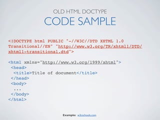 OLD HTML DOCTYPE

             CODE SAMPLE
<!DOCTYPE html PUBLIC "-//W3C//DTD XHTML 1.0
Transitional//EN" "http://www.w3.org/TR/xhtml1/DTD/
xhtml1-transitional.dtd">

<html xmlns="http://www.w3.org/1999/xhtml">
 <head>
  <title>Title of document</title>
 </head>
 <body>
  ...
 </body>
</html>


                    Example: w3cschools.com
 