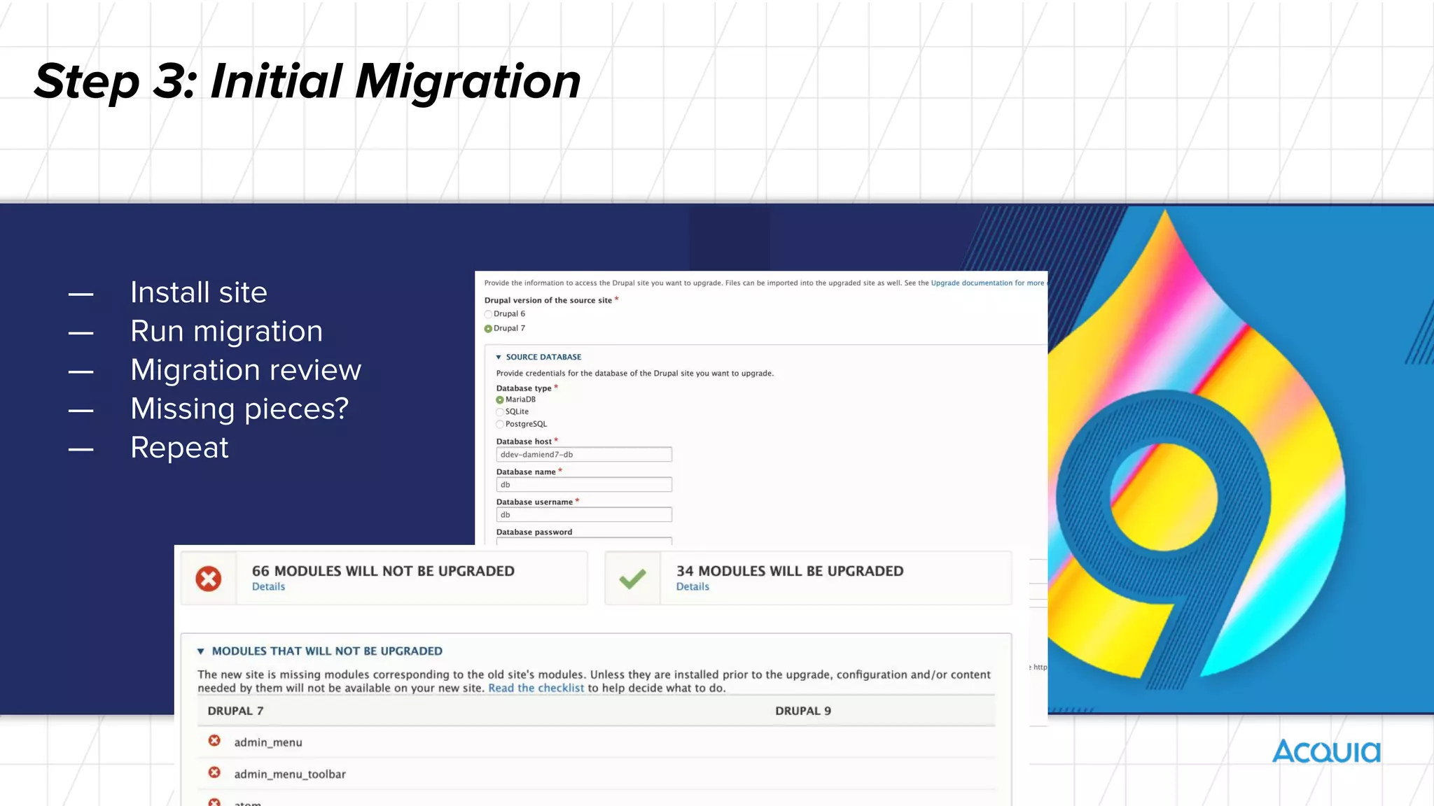 — Install site
— Run migration
— Migration review
— Missing pieces?
— Repeat
Step 3: Initial Migration
 