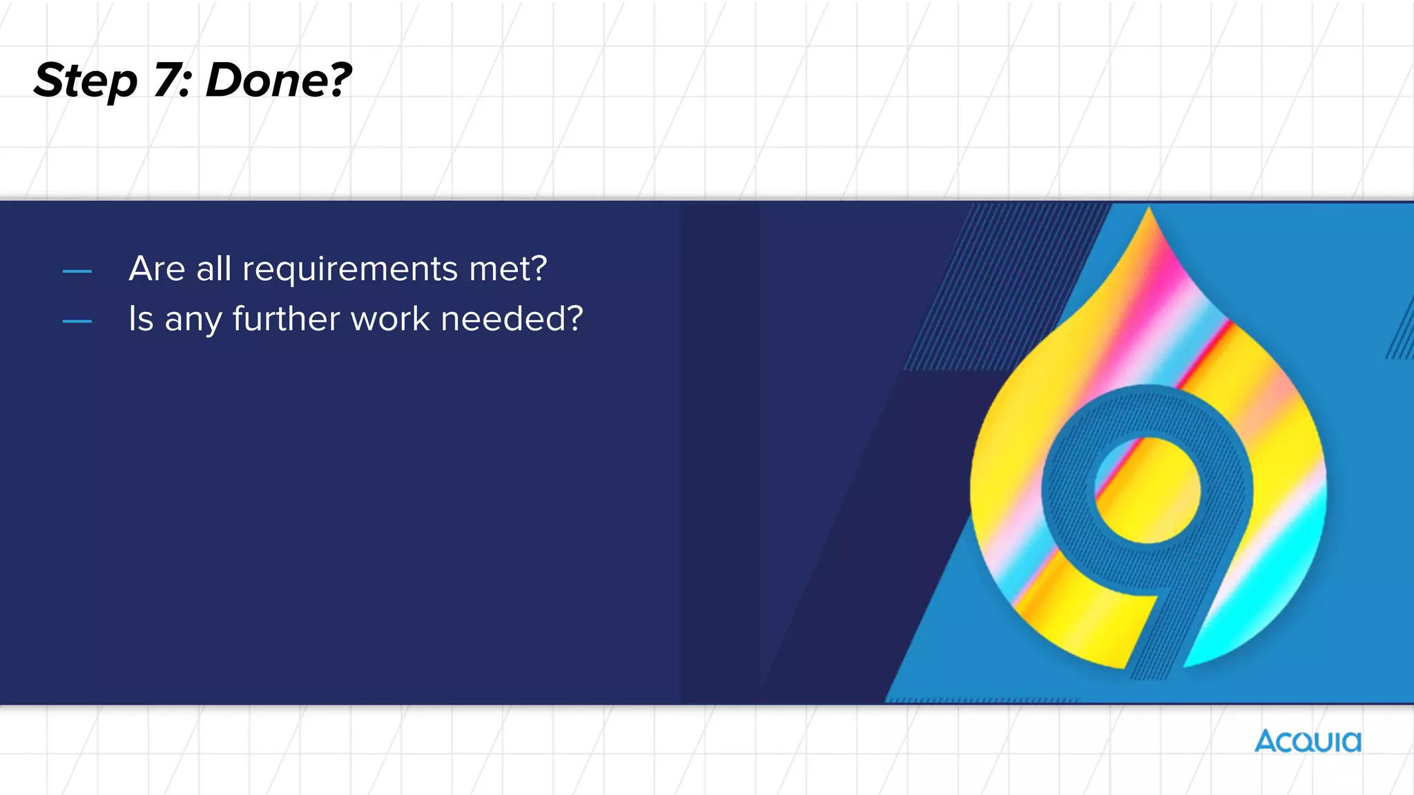 Step 7: Done?
— Are all requirements met?
— Is any further work needed?
 
