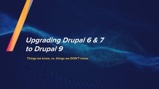 Upgrading Drupal 6 & 7
to Drupal 9
Things we know, vs. things we DON’T know
 
