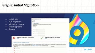 — Install site
— Run migration
— Migration review
— Missing pieces?
— Repeat
Step 3: Initial Migration
 