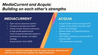 — Open source expansion partner
— Focused on Drupal since 2007
— Clients include mid-size businesses
to high-profile global brands
— Team of approximately 90 experts in
development, design, and digital
strategy
— Acquia partner since 2008
MEDIACURRENT
– Drupal founder serves as Acquia CTO
– Creator of the world’s only Open DXP,
built on top of Drupal
– Gartner leader for Digital Experience
Management
– Over 4,000 customers, including 40% of
Fortune 1,000
– 1,100 employees worldwide
ACQUIA
MediaCurrent and Acquia:
Building on each other’s strengths
Together, we build and continually iterate for impact and scale, delivering smart,
open-source solutions that maximize your digital investments.
 