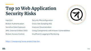 | 15
Top 10 Web Application
Security Risks
Injection
Broken Authentication
Sensitive Data Exposure
XML External Entities (XXE)
Broken Access Control
Security Misconfiguration
Cross-Site Scripting XSS
Insecure Deserialization
Using Components with Known Vulnerabilities
Insufficient Logging & Monitoring
https://owasp.org/www-project-top-ten
 