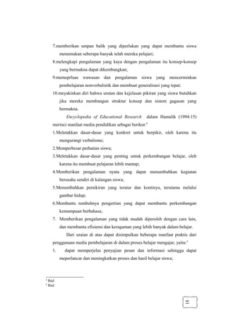 18
7.memberikan umpan balik yang diperlukan yang dapat membantu siswa
menemukan seberapa banyak telah mereka pelajari;
8.melengkapi pengalaman yang kaya dengan pengalaman itu konsep-konsep
yang bermakna dapat dikembangkan;
9.memeprluas wawasan dan pengalaman siswa yang mencerminkan
pembelajaran nonverbalistik dan membuat generalisasi yang tepat;
10.meyakinkan diri bahwa urutan dan kejelasan pikiran yang siswa butuhkan
jika mereka membangun struktur konsep dan sistem gagasan yang
bermakna.
Encyclopedia of Educational Research dalam Hamalik (1994:15)
merinci manfaat media pendidikan sebagai berikut:4
1.Meletakkan dasar-dasar yang konkret untuk berpikir, oleh karena itu
mengurangi verbalisme;
2.Memperbesar perhatian siswa;
3.Meletakkan dasar-dasar yang penting untuk perkembangan belajar, oleh
karena itu membuat pelajaran lebih mantap;
4.Memberikan pengalaman nyata yang dapat menumbuhkan kegiatan
berusaha sendiri di kalangan siswa;
5.Menumbuhkan pemikiran yang teratur dan kontinyu, terutama melalui
gambar hidup;
6.Membantu tumbuhnya pengertian yang dapat membantu perkembangan
kemampuan berbahasa;
7. Memberikan pengalaman yang tidak mudah diperoleh dengan cara lain,
dan membantu efisiensi dan keragaman yang lebih banyak dalam belajar.
Dari uraian di atas dapat disimpulkan beberapa manfaat praktis dari
penggunaan media pembelajaran di dalam proses belajar mengajar, yaitu:5
1. dapat memperjelas penyajian pesan dan informasi sehingga dapat
meperlancar dan meningkatkan proses dan hasil belajar siswa;
4
Ibid
5
Ibid
 