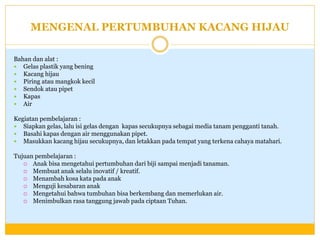 MENGENAL PERTUMBUHAN KACANG HIJAU
Bahan dan alat :
 Gelas plastik yang bening
 Kacang hijau
 Piring atau mangkok kecil
 Sendok atau pipet
 Kapas
 Air
Kegiatan pembelajaran :
 Siapkan gelas, lalu isi gelas dengan kapas secukupnya sebagai media tanam pengganti tanah.
 Basahi kapas dengan air menggunakan pipet.
 Masukkan kacang hijau secukupnya, dan letakkan pada tempat yang terkena cahaya matahari.
Tujuan pembelajaran :
 Anak bisa mengetahui pertumbuhan dari biji sampai menjadi tanaman.
 Membuat anak selalu inovatif / kreatif.
 Menambah kosa kata pada anak
 Menguji kesabaran anak
 Mengetahui bahwa tumbuhan bisa berkembang dan memerlukan air.
 Menimbulkan rasa tanggung jawab pada ciptaan Tuhan.

 