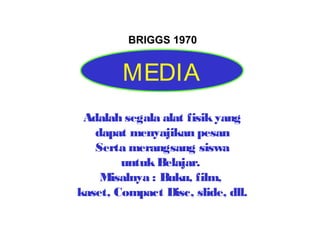 BRIGGS 1970

MEDIA
Adalah segala alat fisik yang
dapat menyajikan pesan
Serta merangsang siswa
untuk Belajar.
Misalnya : Buku, film,
kaset, Compact Disc, slide, dll.

 