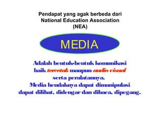 Pendapat yang agak berbeda dari
National Education Association
(NEA)

MEDIA
Adalah bentuk-bentuk komunikasi
baik tercetak maupun audio visual
serta peralatannya.
Media hendaknya dapat dimanipulasi
dapat dilihat, didengar dan dibaca, dipegang.

 