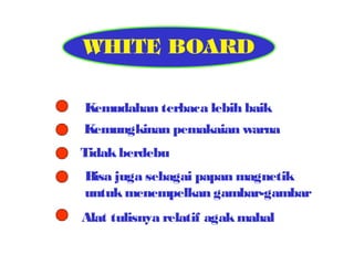Kemudahan terbaca lebih baik
Kemungkinan pemakaian warna
Tidak berdebu
Bisa juga sebagai papan magnetik
untuk menempelkan gambar-gambar
Alat tulisnya relatif agak mahal

 