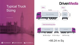 Side Rear
DrivenMediaUK @DrivenMediaUK
Typical Truck
Sizing
DrivenMedia-uk
14.2m
2.8m
2.4m
2.8m
Total Advertising Area
39.76 m Sq + 39.76 m Sq6.72 m Sq +
=86.24 m Sq
 