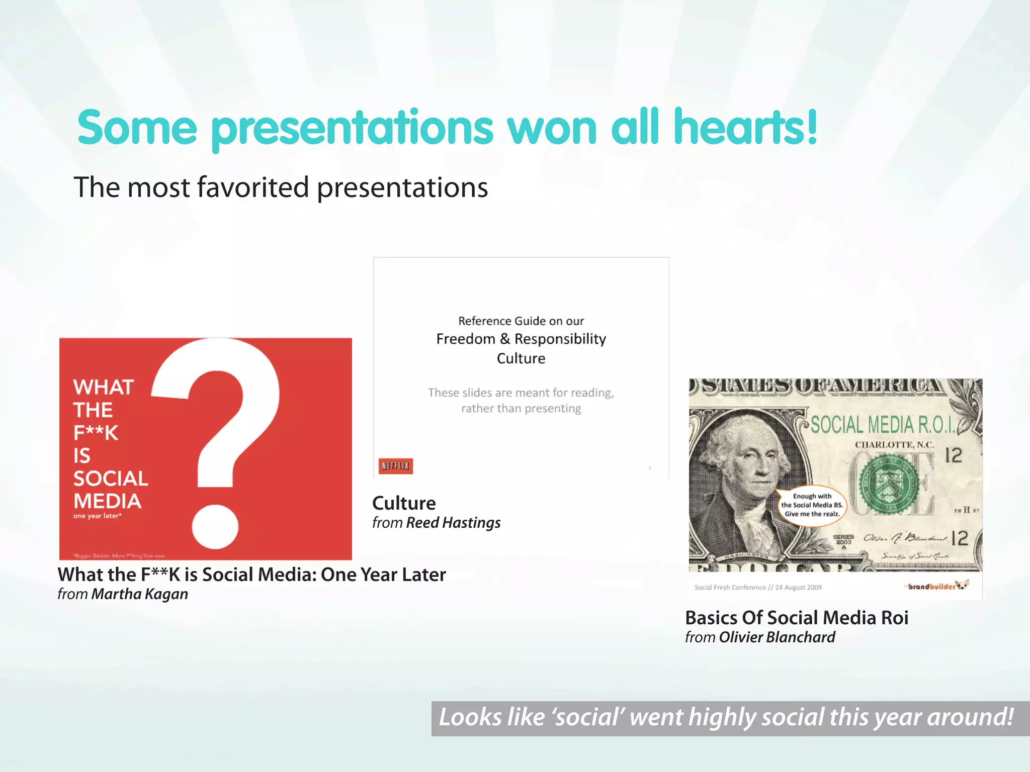 Some presentations won all hearts!
  The most favorited presentations




                                    Culture
                                    from Reed Hastings


What the F**K is Social Media: One Year Later
from Martha Kagan
                                                                     Basics Of Social Media Roi
                                                                     from Olivier Blanchard




                                              Looks like ‘social’ went highly social this year around!
 