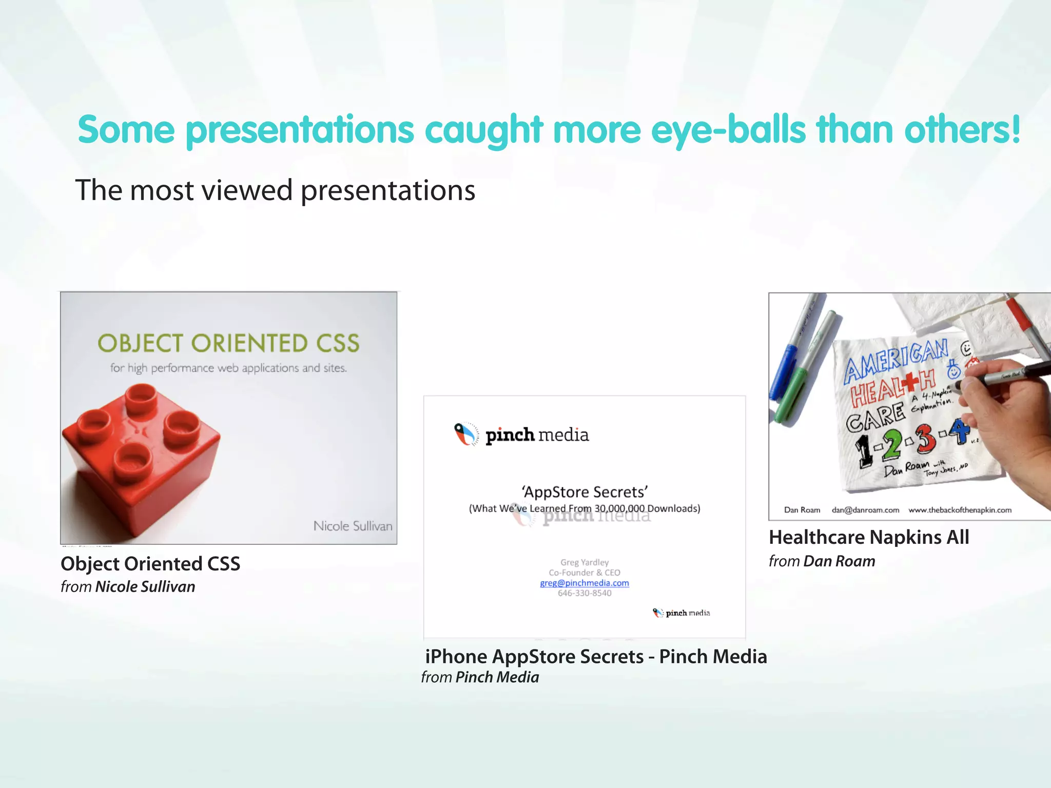 Some presentations caught more eye-balls than others!
  The most viewed presentations




                                                                    Healthcare Napkins All
Object Oriented CSS                                                 from Dan Roam
from Nicole Sullivan



                            iPhone AppStore Secrets - Pinch Media
                           from Pinch Media
 