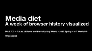 Media diet
A week of browser history visualized
!
MAS 700 – Future of News and Participatory Media - 2015 Spring - MIT Medialab
!
@miguelpaz
 