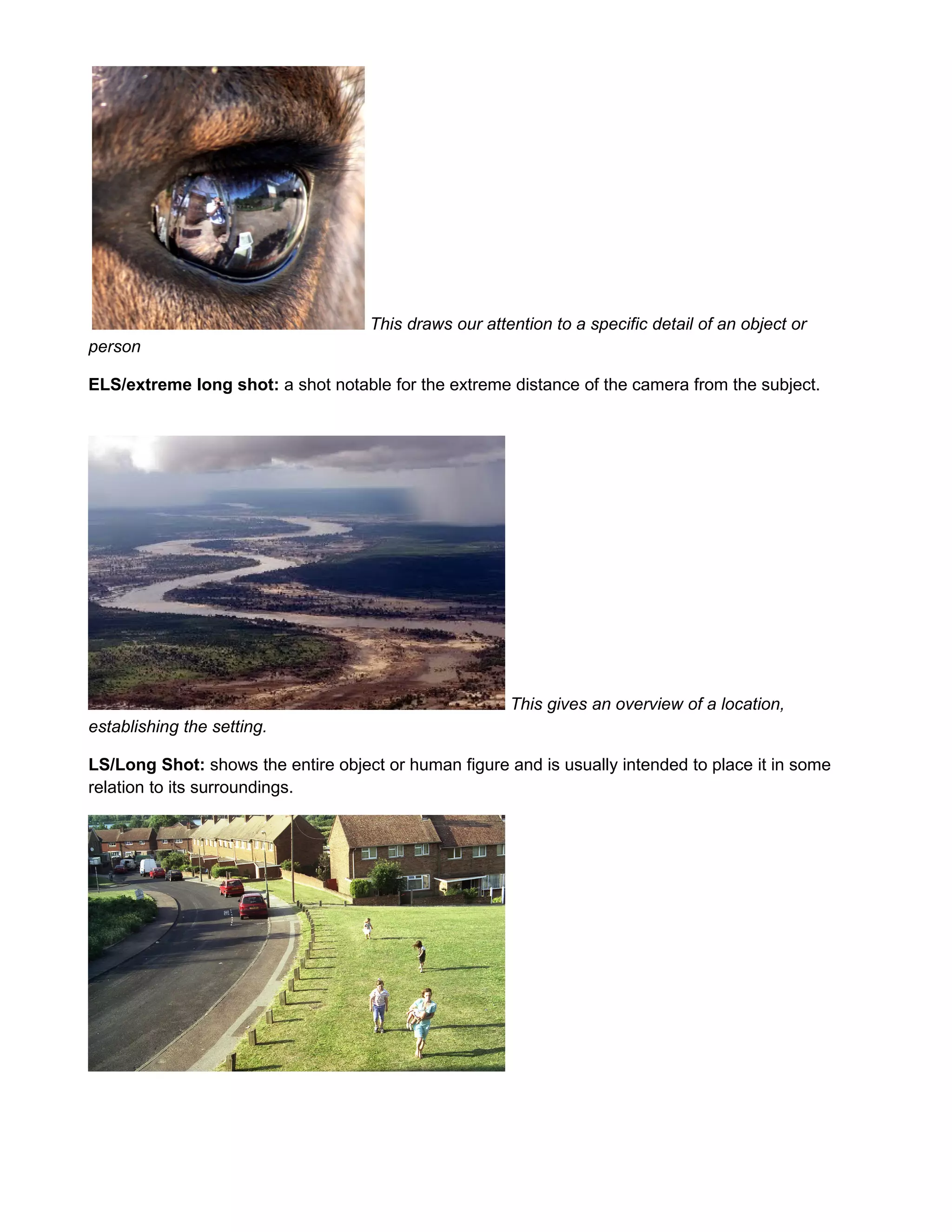 This draws our attention to a specific detail of an object or
person
ELS/extreme long shot: a shot notable for the extreme distance of the camera from the subject.

This gives an overview of a location,
establishing the setting.
LS/Long Shot: shows the entire object or human figure and is usually intended to place it in some
relation to its surroundings.

 