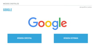 Jacqueline Juárez
MEDIOS DIGITALES
GOOGLE
BÚSQUEDA CONTEXTUAL BÚSQUEDA GESTIONADA
 