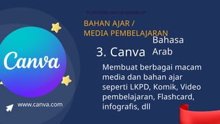 BAHAN AJAR /
MEDIA PEMBELAJARAN
PLATFORM UNTUK MEMBUAT
3. Canva
Membuat berbagai macam
media dan bahan ajar
seperti LKPD, Komik, Video
pembelajaran, Flashcard,
infografis, dll
www.canva.com
Bahasa
Arab
 