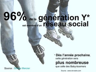 *  Dès l’année prochaine ,  cette génération sera  plus nombreuse   que celle des Baby-boomers 96%   de la  génération Y* est membre d’un  réseau social Source : www.dix-katre.com Source :  Silvère Mercier 