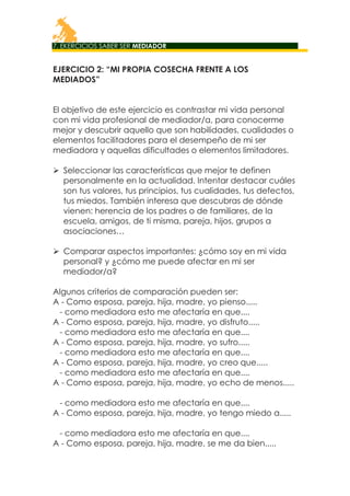 7. EKERCICIOS SABER SER MEDIADOR

EJERCICIO 2: “MI PROPIA COSECHA FRENTE A LOS
MEDIADOS”
El objetivo de este ejercicio es contrastar mi vida personal
con mi vida profesional de mediador/a, para conocerme
mejor y descubrir aquello que son habilidades, cualidades o
elementos facilitadores para el desempeño de mi ser
mediadora y aquellas dificultades o elementos limitadores.
 Seleccionar las características que mejor te definen
personalmente en la actualidad. Intentar destacar cuáles
son tus valores, tus principios, tus cualidades, tus defectos,
tus miedos. También interesa que descubras de dónde
vienen: herencia de los padres o de familiares, de la
escuela, amigos, de ti misma, pareja, hijos, grupos a
asociaciones…
 Comparar aspectos importantes: ¿cómo soy en mi vida
personal? y ¿cómo me puede afectar en mi ser
mediador/a?
Algunos criterios de comparación pueden ser:
A - Como esposa, pareja, hija, madre, yo pienso.....
- como mediadora esto me afectaría en que....
A - Como esposa, pareja, hija, madre, yo disfruto.....
- como mediadora esto me afectaría en que....
A - Como esposa, pareja, hija, madre, yo sufro.....
- como mediadora esto me afectaría en que....
A - Como esposa, pareja, hija, madre, yo creo que.....
- como mediadora esto me afectaría en que....
A - Como esposa, pareja, hija, madre, yo echo de menos.....
- como mediadora esto me afectaría en que....
A - Como esposa, pareja, hija, madre, yo tengo miedo a.....
- como mediadora esto me afectaría en que....
A - Como esposa, pareja, hija, madre, se me da bien.....

 