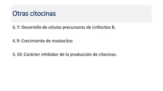 IL 7: Desarrollo de células precursoras de Linfocitos B.
IL 9: Crecimiento de mastocitos
IL 10: Carácter inhibidor de la producción de citocinas.
Otras citocinas
 