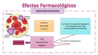 AGREGACIÓN PLAQUETARIA
Primaria.
Reversible
5-HT 2A
Aumentar la capacidad agregante
si las plaquetas han sido
sensibilizadas previamente:
ADP
Noradrenalina.
Colágeno.
Por factores proagregantes:
Irreversible
 