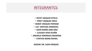 • DEYSY VASQUEZ ESTELA
• PERCY VÁSQUEZ TAPIA
• NORAT VÁSQUEZ PINTADO
• LUZ VENTURA SANDOVAL
• JESÚS MARÍA SIME DÍAZ
• CLAUDIA VERA OCAÑA
• ANSHELA YAPAPASCA PASAPERA
• CYNTHIA WONG RAFAEL
ASESOR: DR. JUAN VÁSQUEZ
 