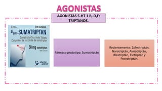 AGONISTAS 5-HT 1 B, D,F:
TRIPTANOS.
Fármaco prototipo: Sumatriptán
Recientemente: Zolmitriptán,
Naratriptán, Almotriptán,
Rizatriptán, Eletriptán y
Frovatriptán.
 