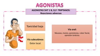 Vía oral:
Náuseas, mareo, parestesias, rubor facial,
opresión torácica.
Toxicidad baja
Vía subcutánea:
Dolor local.
AGONISTAS 5HT 1 B, D,F: TRIPTANOS:
Reacciones adversas
 