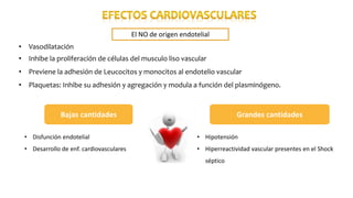 Bajas cantidades
• Disfunción endotelial
• Desarrollo de enf. cardiovasculares
Grandes cantidades
• Hipotensión
• Hiperreactividad vascular presentes en el Shock
séptico
El NO de origen endotelial
• Vasodilatación
• Inhibe la proliferación de células del musculo liso vascular
• Previene la adhesión de Leucocitos y monocitos al endotelio vascular
• Plaquetas: Inhibe su adhesión y agregación y modula a función del plasminógeno.
 