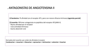 . ANTAGONISTAS DE ANGIOTENSINA II
 Saralasina  afinidad con el receptor AT1; pero con menor eficacia intrínseca (agonista parcial)
 Losartán Primer antagonista no peptídico del receptor AT1(ARA II)
- Buena afinidad por el receptor
- nula actividad intrínseca
- buena absorción oral
Derivados del Losartán; por orden de afinidad al receptor
Candesartan = mesartan > irbesartan = eprosartan > telmisartan = valsartan > losartan
 