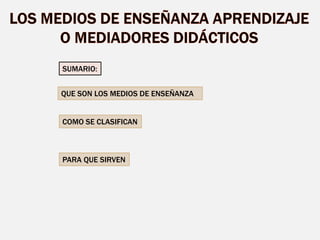 QUE SON LOS MEDIOS DE ENSEÑANZA
COMO SE CLASIFICAN
PARA QUE SIRVEN
SUMARIO:
 