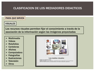 CLASIFICACION DE LOS MEDIADORES DIDACTICOS
Los recursos visuales permiten fijar el conocimiento a través de la
asociación de la información según las imágenes proyectadas
VISUALES
 Multimedia
 Videos
 Rotafolios
 Carteleras
 Afiches
 Computadora
 Fotografías
 Ilustraciones
 Televisión
 Otros
PARA QUE SIRVEN
 