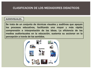 CLASIFICACION DE LOS MEDIADORES DIDACTICOS
AUDIOVISUALES.-
Se trata de un conjunto de técnicas visuales y auditivas que apoyan
los procesos educativos, facilitando una mayor y más rápida
comprensión e interpretación de las ideas. La eficiencia de los
medios audiovisuales en la educación, sustenta su accionar en la
percepción a través de los sentidos.
 