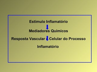 Estímulo Inflamatório
Mediadores Químicos
Resposta Vascular e Celular do Processo
Inflamatório
 