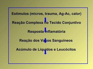 Estímulos (micros, trauma, Ag-Ac, calor)
Reação Complexa no Tecido Conjuntivo
Resposta Inflamatória
Reação dos Vasos Sanguíneos
Acúmulo de Líquidos e Leucócitos
 