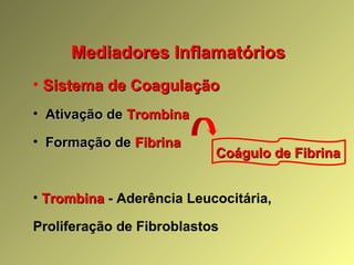 Mediadores InflamatóriosMediadores Inflamatórios
• Sistema de CoagulaçãoSistema de Coagulação
• Ativação deAtivação de TrombinaTrombina
• Formação deFormação de FibrinaFibrina
• TrombinaTrombina -- Aderência Leucocitária,
Proliferação de Fibroblastos
Coágulo de FibrinaCoágulo de Fibrina
 